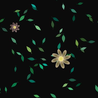 Basit renkli çiçeklerle kusursuz desen ve duvar kağıdı için yeşil yapraklar, vektör illüstrasyonu