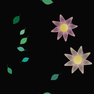 basit renkli çiçekleri olan serbest kompozisyon ve duvar kağıdı için yeşil yapraklar, vektör illüstrasyonu