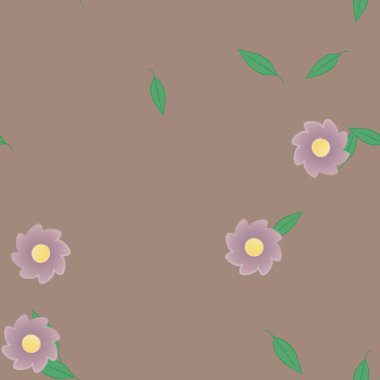 Basit renkli çiçeklerle kusursuz desen ve duvar kağıdı için yeşil yapraklar, vektör illüstrasyonu