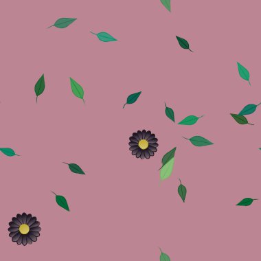 basit renkli çiçekleri olan serbest kompozisyon ve duvar kağıdı için yeşil yapraklar, vektör illüstrasyonu