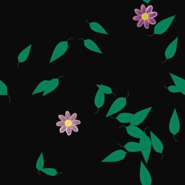 Basit renkli çiçeklerle kusursuz desen ve duvar kağıdı için yeşil yapraklar, vektör illüstrasyonu