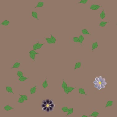 Basit renkli çiçeklerle kusursuz desen ve duvar kağıdı için yeşil yapraklar, vektör illüstrasyonu