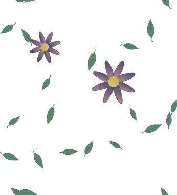 Basit renkli çiçeklerle kusursuz desen ve duvar kağıdı için yeşil yapraklar, vektör illüstrasyonu