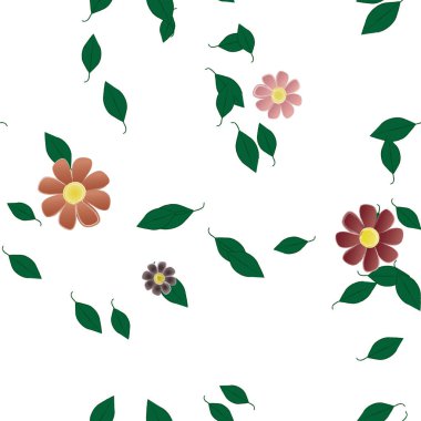 Basit renkli çiçeklerle kusursuz desen ve duvar kağıdı için yeşil yapraklar, vektör illüstrasyonu