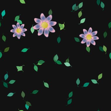 basit renkli çiçekleri olan serbest kompozisyon ve duvar kağıdı için yeşil yapraklar, vektör illüstrasyonu