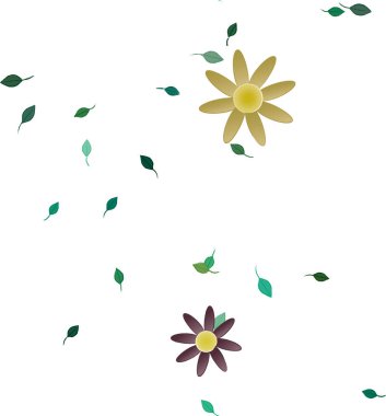 basit renkli çiçekleri olan serbest kompozisyon ve duvar kağıdı için yeşil yapraklar, vektör illüstrasyonu