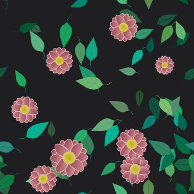 basit renkli çiçekleri olan serbest kompozisyon ve duvar kağıdı için yeşil yapraklar, vektör illüstrasyonu