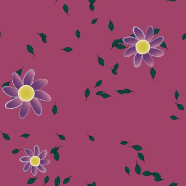 basit renkli çiçekleri olan serbest kompozisyon ve duvar kağıdı için yeşil yapraklar, vektör illüstrasyonu