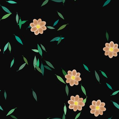 Basit renkli çiçeklerle kusursuz desen ve duvar kağıdı için yeşil yapraklar, vektör illüstrasyonu