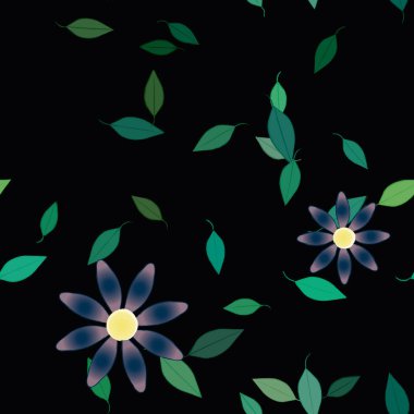 Basit renkli çiçeklerle kusursuz desen ve duvar kağıdı için yeşil yapraklar, vektör illüstrasyonu