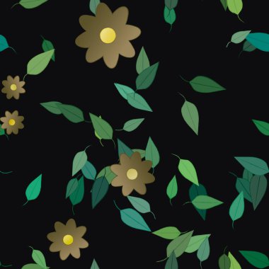 basit renkli çiçekleri olan serbest kompozisyon ve duvar kağıdı için yeşil yapraklar, vektör illüstrasyonu