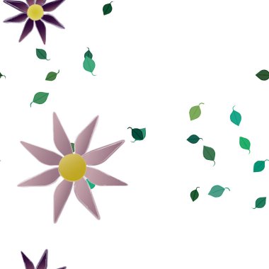 basit renkli çiçekleri olan serbest kompozisyon ve duvar kağıdı için yeşil yapraklar, vektör illüstrasyonu