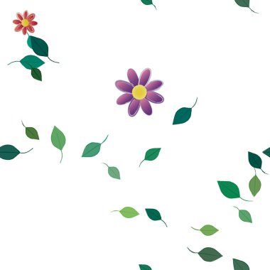 Basit renkli çiçeklerle kusursuz desen ve duvar kağıdı için yeşil yapraklar, vektör illüstrasyonu
