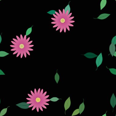 basit renkli çiçekleri olan serbest kompozisyon ve duvar kağıdı için yeşil yapraklar, vektör illüstrasyonu