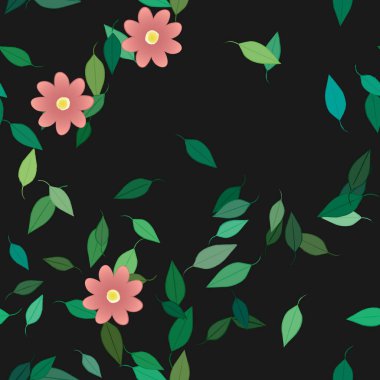 basit renkli çiçekleri olan serbest kompozisyon ve duvar kağıdı için yeşil yapraklar, vektör illüstrasyonu