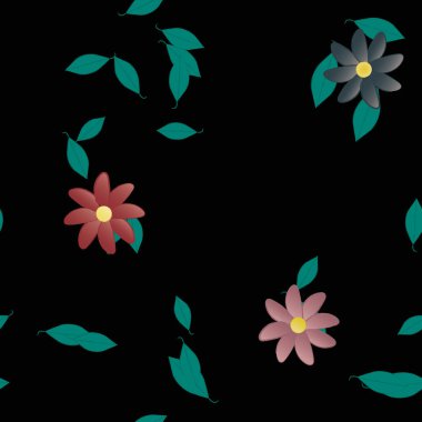 Basit renkli çiçeklerle kusursuz desen ve duvar kağıdı için yeşil yapraklar, vektör illüstrasyonu