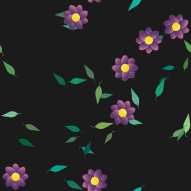 basit renkli çiçekleri olan serbest kompozisyon ve duvar kağıdı için yeşil yapraklar, vektör illüstrasyonu