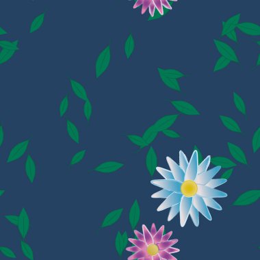 basit renkli çiçekleri olan serbest kompozisyon ve duvar kağıdı için yeşil yapraklar, vektör illüstrasyonu