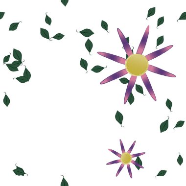 basit renkli çiçekleri olan serbest kompozisyon ve duvar kağıdı için yeşil yapraklar, vektör illüstrasyonu