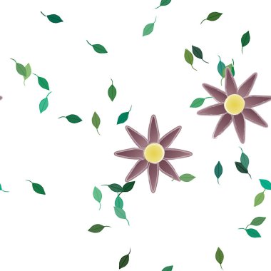 basit renkli çiçekleri olan serbest kompozisyon ve duvar kağıdı için yeşil yapraklar, vektör illüstrasyonu