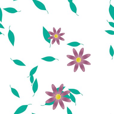 basit renkli çiçekleri olan serbest kompozisyon ve duvar kağıdı için yeşil yapraklar, vektör illüstrasyonu