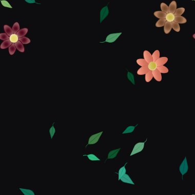 basit renkli çiçekleri olan serbest kompozisyon ve duvar kağıdı için yeşil yapraklar, vektör illüstrasyonu