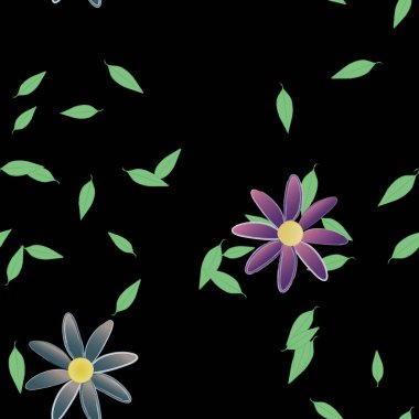 basit renkli çiçekleri olan serbest kompozisyon ve duvar kağıdı için yeşil yapraklar, vektör illüstrasyonu