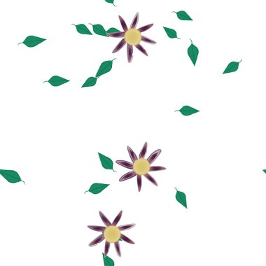 basit renkli çiçekleri olan serbest kompozisyon ve duvar kağıdı için yeşil yapraklar, vektör illüstrasyonu