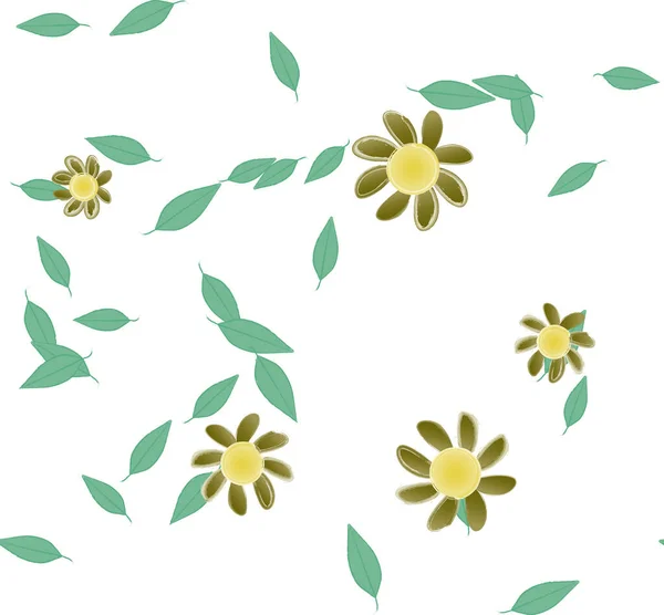 Seamless Pattern Simple Colorful Flowers Green Leaves Wallpaper Vector Illustration — Stock Vector