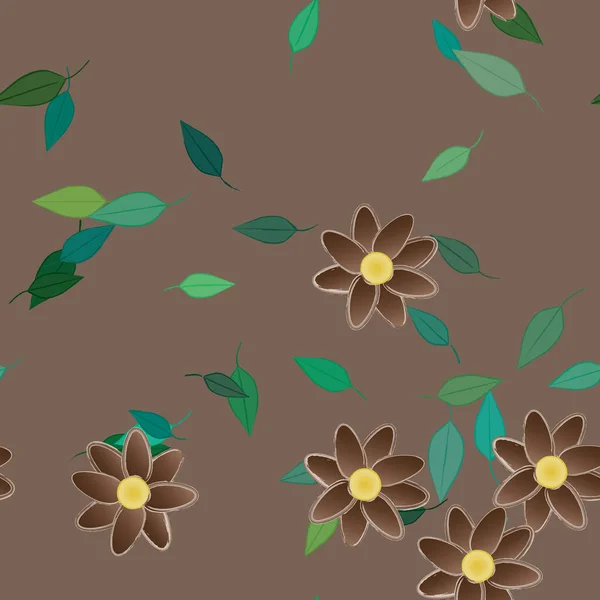 Seamless Pattern Simple Colorful Flowers Green Leaves Wallpaper Vector Illustration — Stock Vector