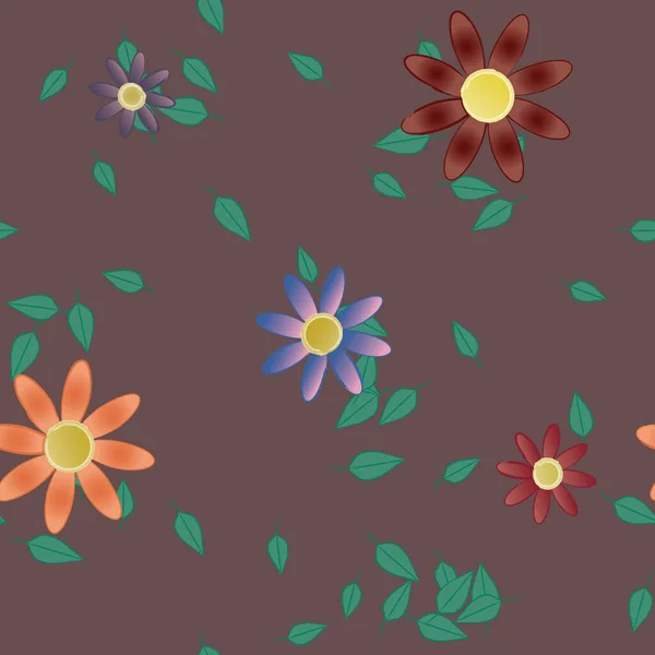 Motif Sans Couture Avec Des Fleurs Colorées Simples Feuilles Vertes — Image vectorielle