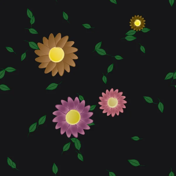 Nahtloses Muster Mit Einfachen Bunten Blumen Und Grünen Blättern Für — Stockvektor