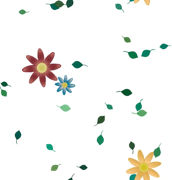 Seamless Pattern Simple Colorful Flowers Green Leaves Wallpaper Vector Illustration — Stock Vector