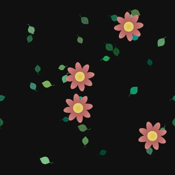 Pola Mulus Dengan Bunga Berwarna Warni Sederhana Dan Daun Hijau - Stok Vektor