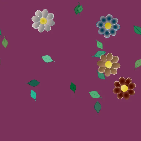 Ελεύθερη Σύνθεση Απλά Πολύχρωμα Λουλούδια Και Πράσινα Φύλλα Για Ταπετσαρία — Διανυσματικό Αρχείο