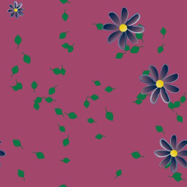 Basit renkli çiçeklerle kusursuz desen ve duvar kağıdı için yeşil yapraklar, vektör illüstrasyonu