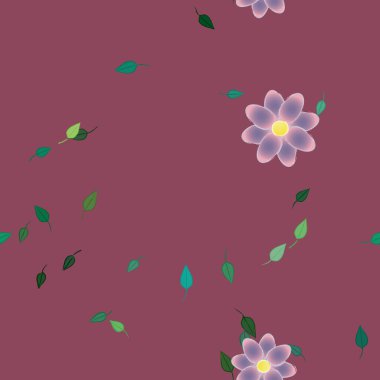 basit renkli çiçekleri olan serbest kompozisyon ve duvar kağıdı için yeşil yapraklar, vektör illüstrasyonu