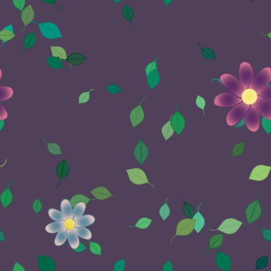 Basit renkli çiçeklerle kusursuz desen ve duvar kağıdı için yeşil yapraklar, vektör illüstrasyonu