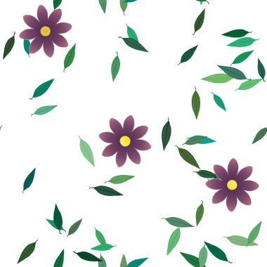 Basit renkli çiçeklerle kusursuz desen ve duvar kağıdı için yeşil yapraklar, vektör illüstrasyonu