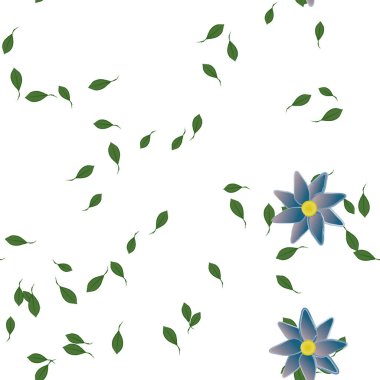 basit renkli çiçekleri olan serbest kompozisyon ve duvar kağıdı için yeşil yapraklar, vektör illüstrasyonu