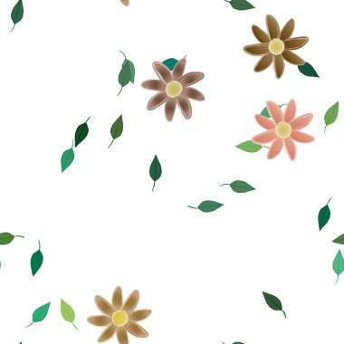 Basit renkli çiçeklerle kusursuz desen ve duvar kağıdı için yeşil yapraklar, vektör illüstrasyonu