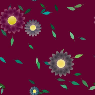 basit renkli çiçekleri olan serbest kompozisyon ve duvar kağıdı için yeşil yapraklar, vektör illüstrasyonu