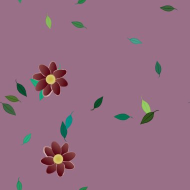 Basit renkli çiçeklerle kusursuz desen ve duvar kağıdı için yeşil yapraklar, vektör illüstrasyonu