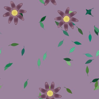 basit renkli çiçekleri olan serbest kompozisyon ve duvar kağıdı için yeşil yapraklar, vektör illüstrasyonu