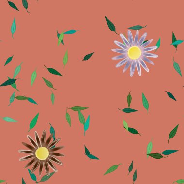 Basit renkli çiçeklerle kusursuz desen ve duvar kağıdı için yeşil yapraklar, vektör illüstrasyonu