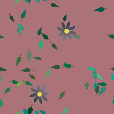 basit renkli çiçekleri olan serbest kompozisyon ve duvar kağıdı için yeşil yapraklar, vektör illüstrasyonu