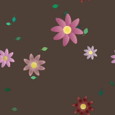 basit renkli çiçekleri olan serbest kompozisyon ve duvar kağıdı için yeşil yapraklar, vektör illüstrasyonu