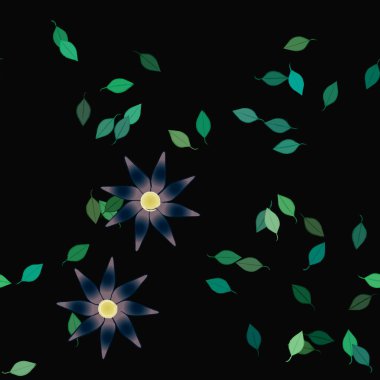 basit renkli çiçekleri olan serbest kompozisyon ve duvar kağıdı için yeşil yapraklar, vektör illüstrasyonu