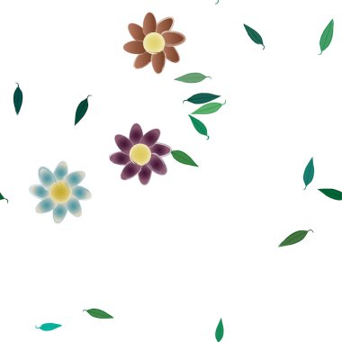 Basit renkli çiçeklerle kusursuz desen ve duvar kağıdı için yeşil yapraklar, vektör illüstrasyonu