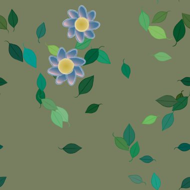 basit renkli çiçekleri olan serbest kompozisyon ve duvar kağıdı için yeşil yapraklar, vektör illüstrasyonu